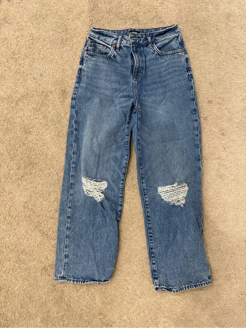 Express Boyfriend Jeans in Medium Blue with Knee Distress